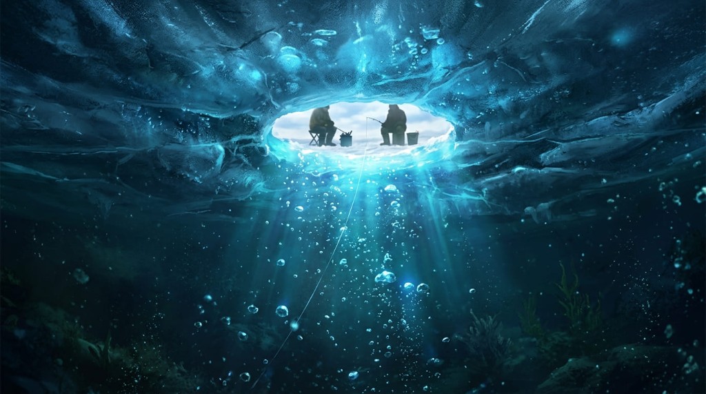 Perspectiva bajo el hielo con pozo de pesca ártica, atmósfera del game show Ice Fishing